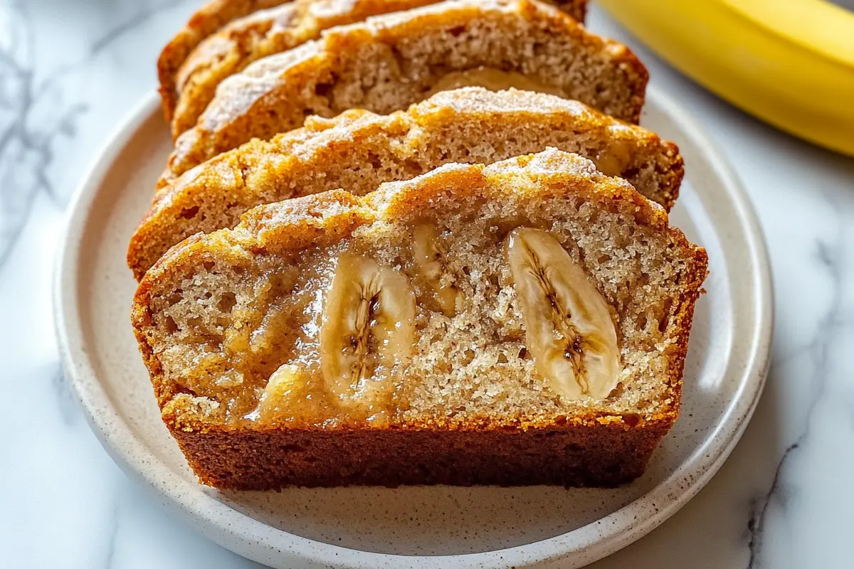 Close-up of a 2 banana bread recipe with a slice cut out”