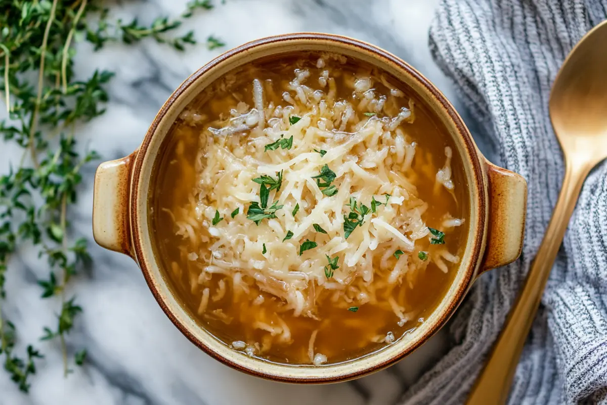 french onion soup rice with melted cheese