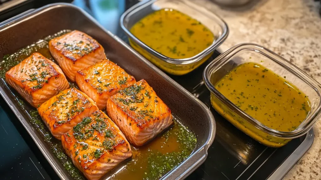 What sauce goes with salmon? A creamy herb sauce drizzled over a salmon fillet