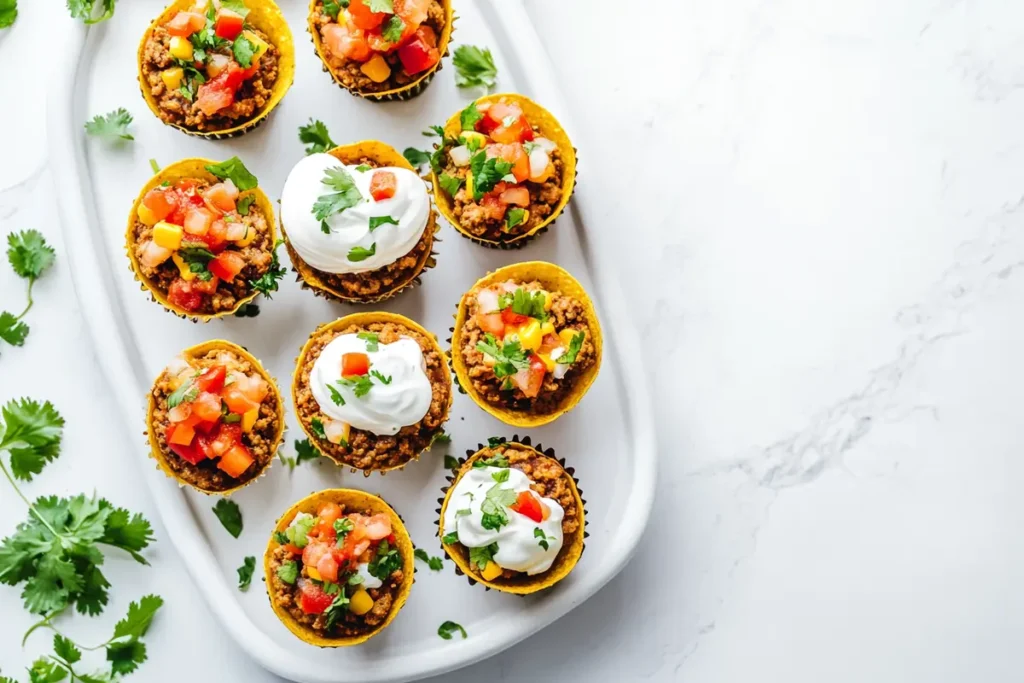 Crispy taco cupcakes displayed on a serving platter