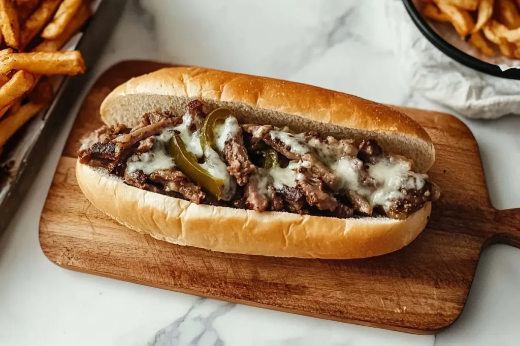 “Why is Philly cheesesteak? Overhead view of a classic cheesesteak in a hoagie roll.”