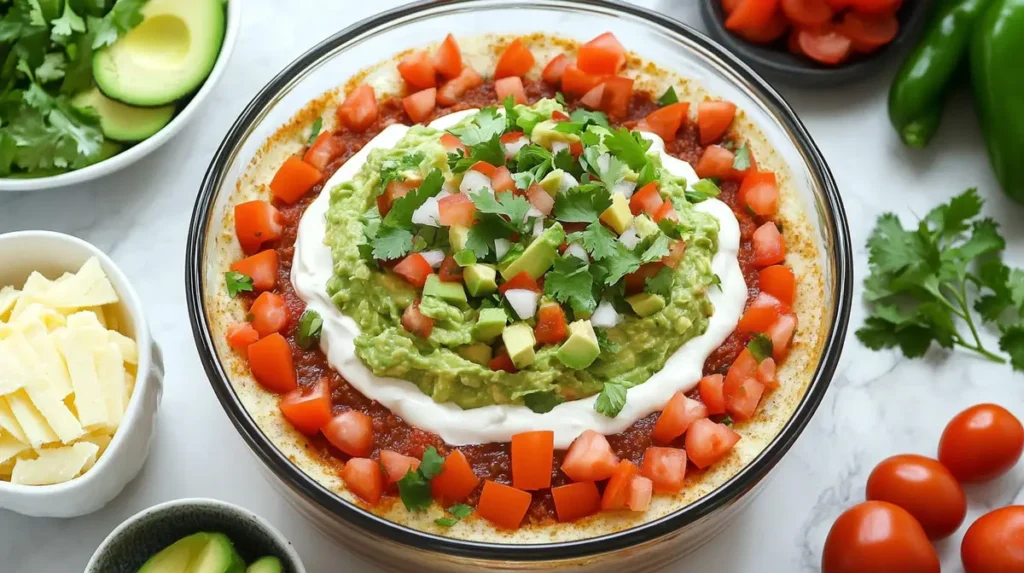 Top-down shot of what is 5 layer dip made of? arranged in distinct layers