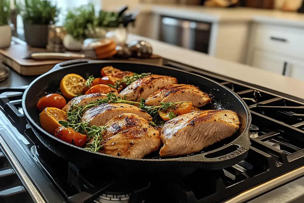 What is the best way to cook thin sliced chicken breast? Thin chicken slices sizzling in a hot pan.