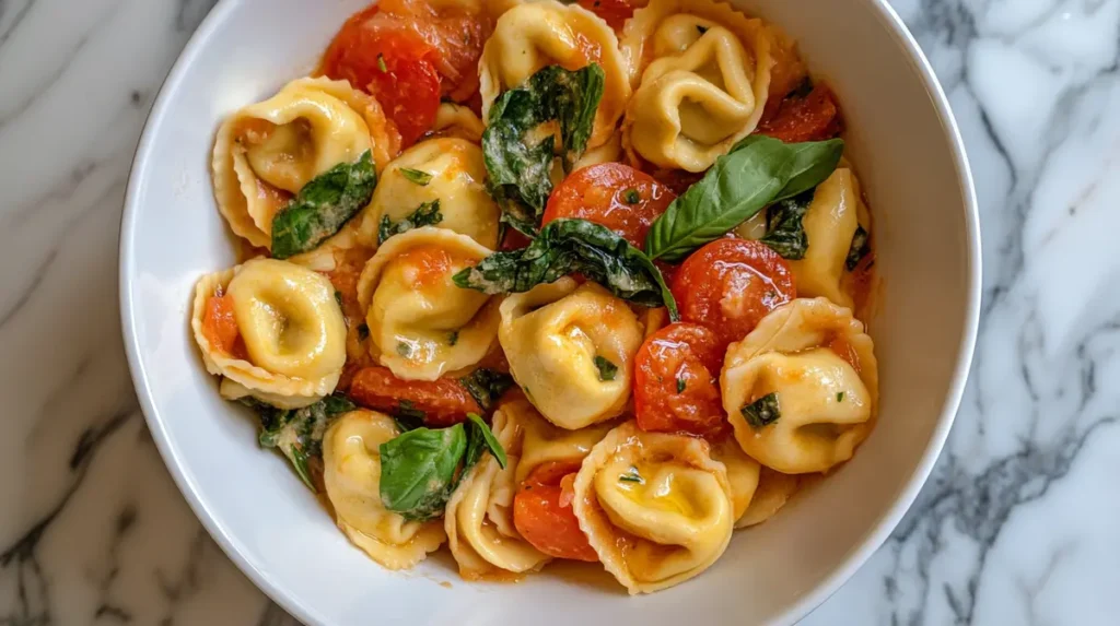 Overhead photo of what is tortellini stuffed with? showing cheese tortellini