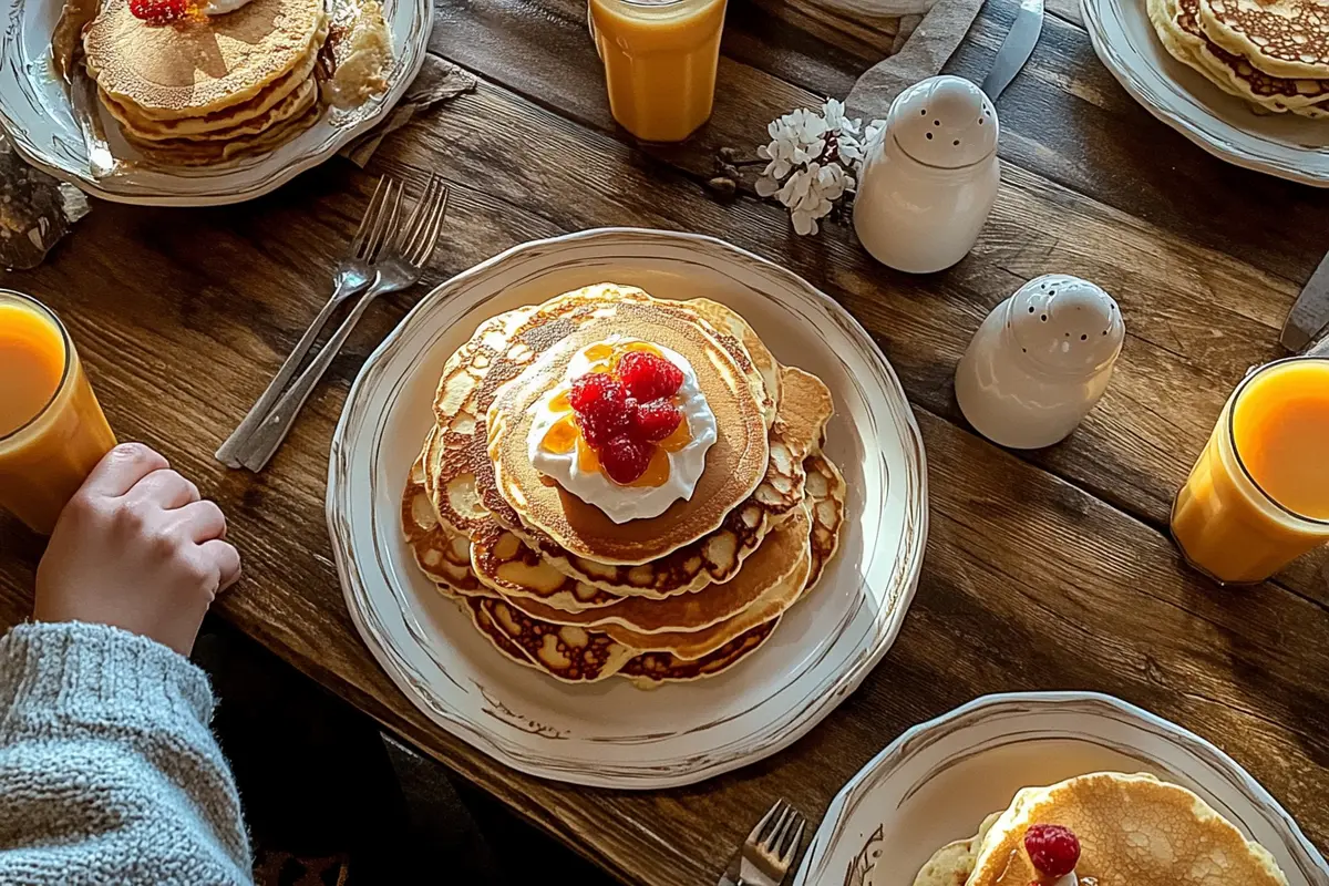 A stack of fluffy Cracker Barrel pancakes with butter and syrup.