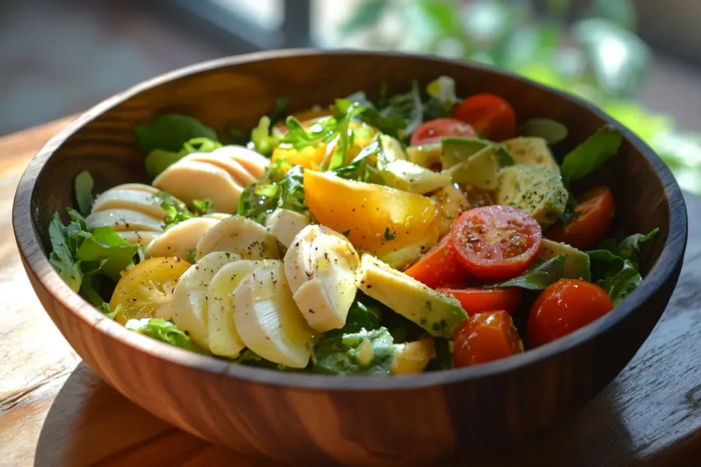 Fresh hearts of palm salad with avocado, cherry tomatoes, and mixed greens