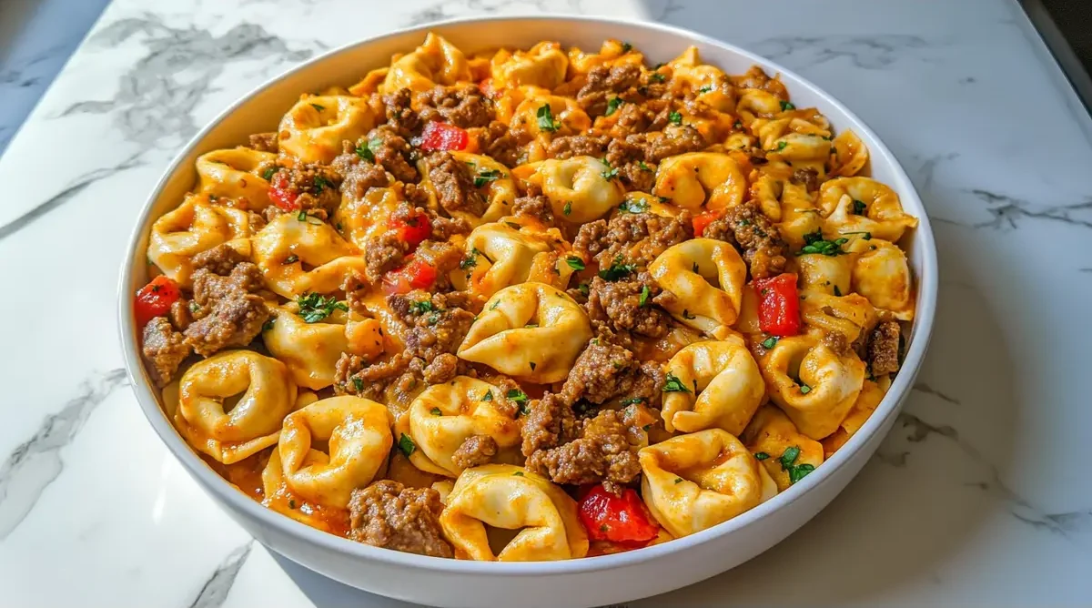 “Cheesesteak tortellini with melted cheese and sliced steak”