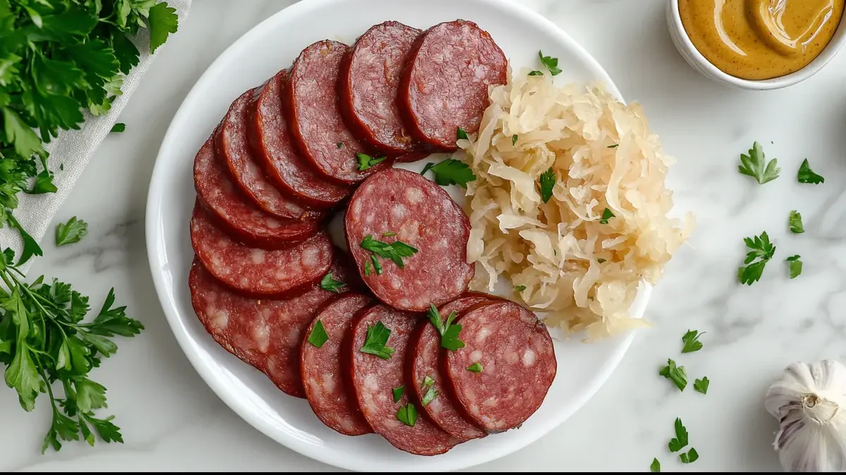 How are you supposed to eat kielbasa? Platter of sliced sausage and tangy sides.