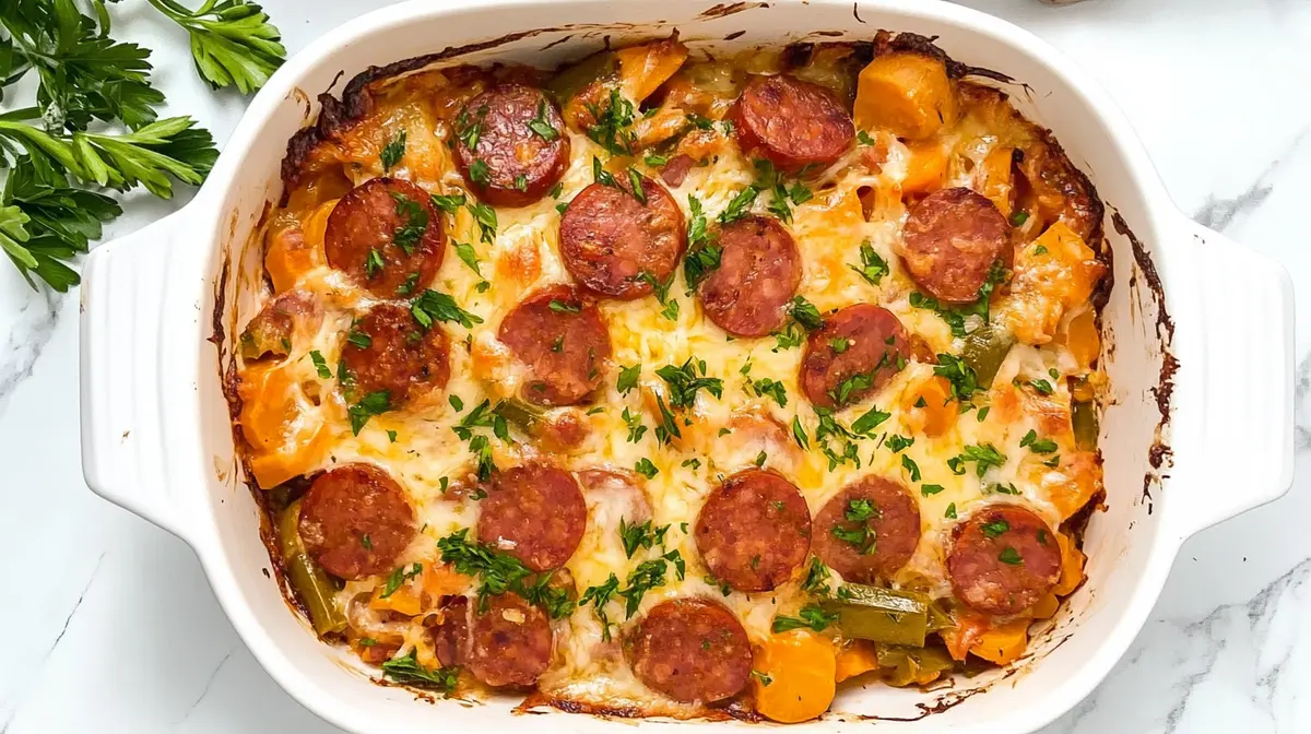 “kielbasa casserole in a white dish with melted cheese