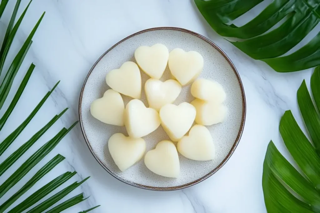 Fresh hearts of palm on a wooden plate