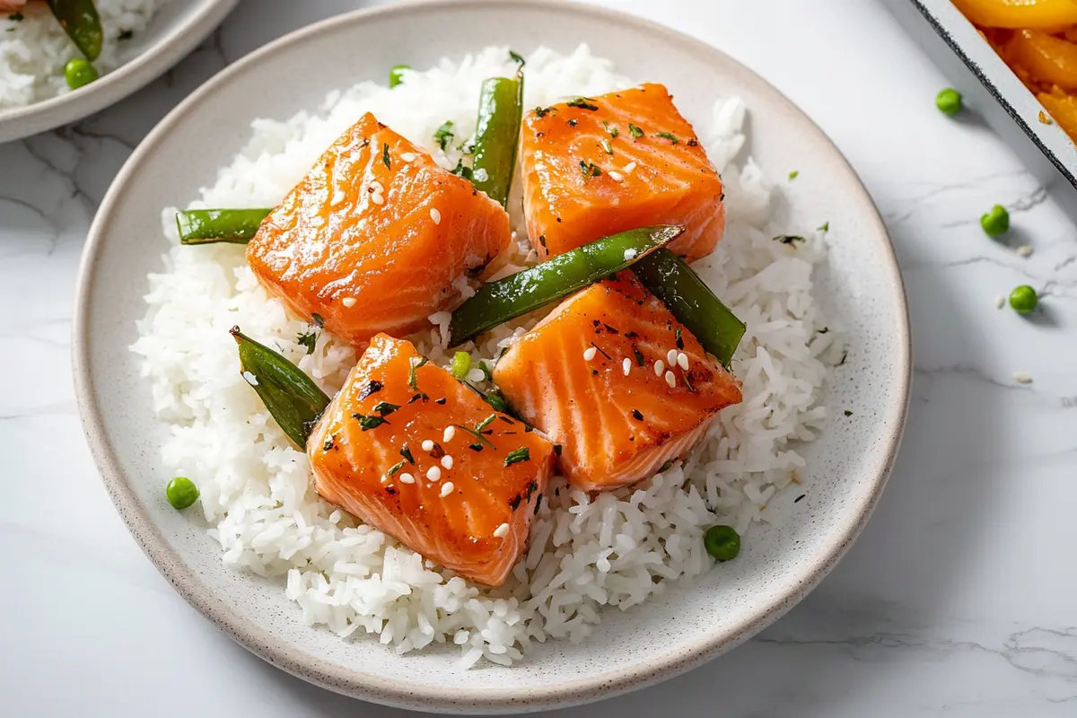 salmon and rice recipe close-up shot