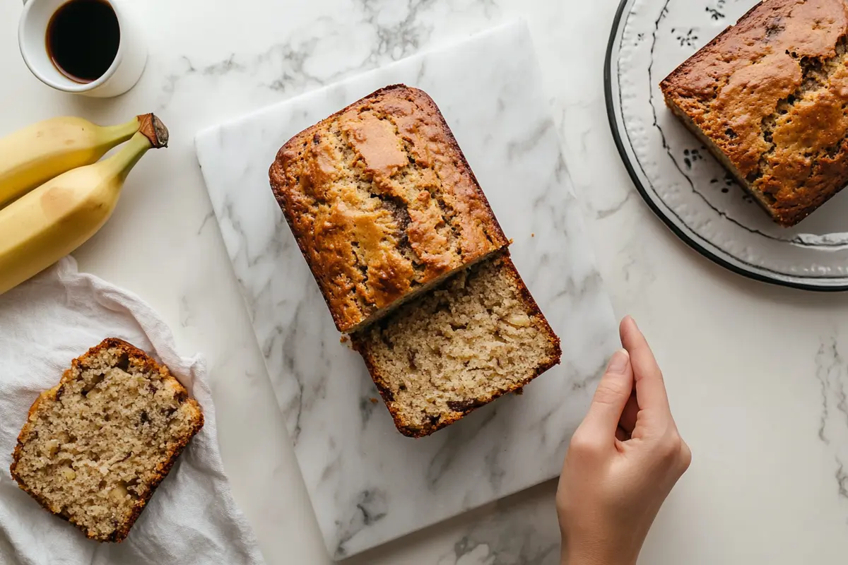 Illustration of should you let banana bread rest before baking? with a golden loaf on a marble surface”