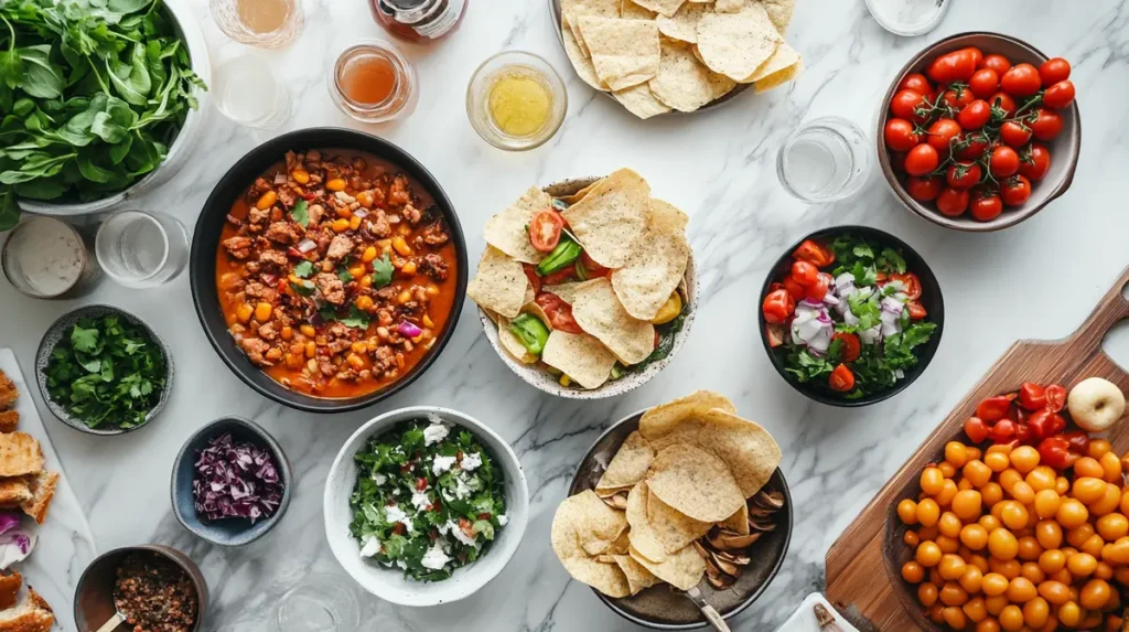 “Overhead shot showing what is Mexican dip made of? with beans, cheese, and salsa.