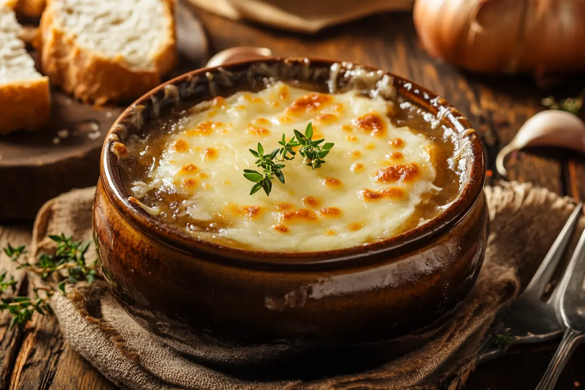 “what is the etiquette for eating French onion soup with melted cheese and caramelized onions