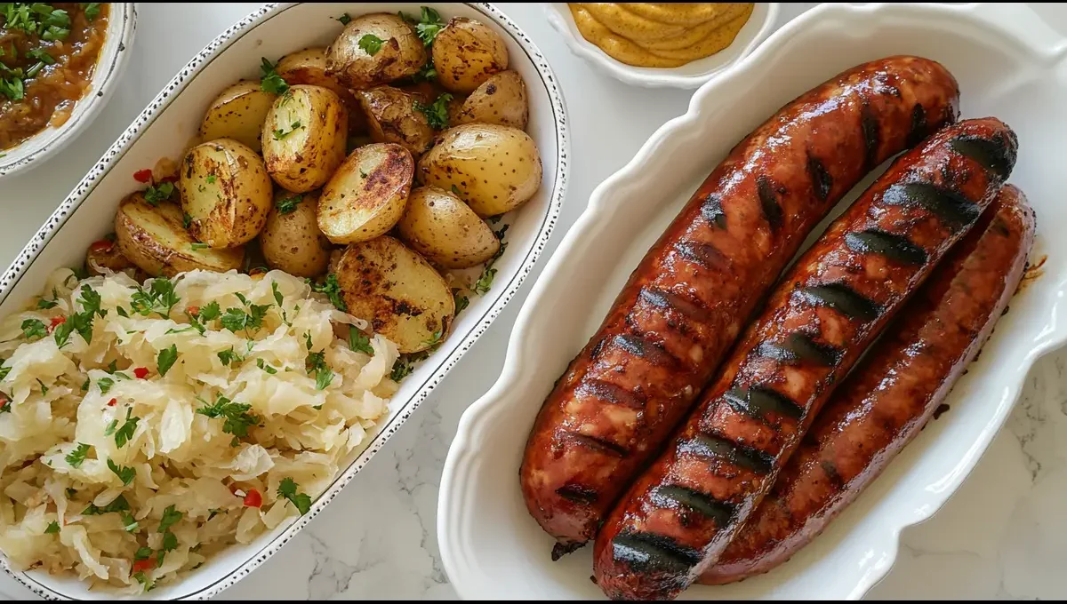 What is traditionally served with kielbasa? Overhead shot showing sausage, sauerkraut, and mustard