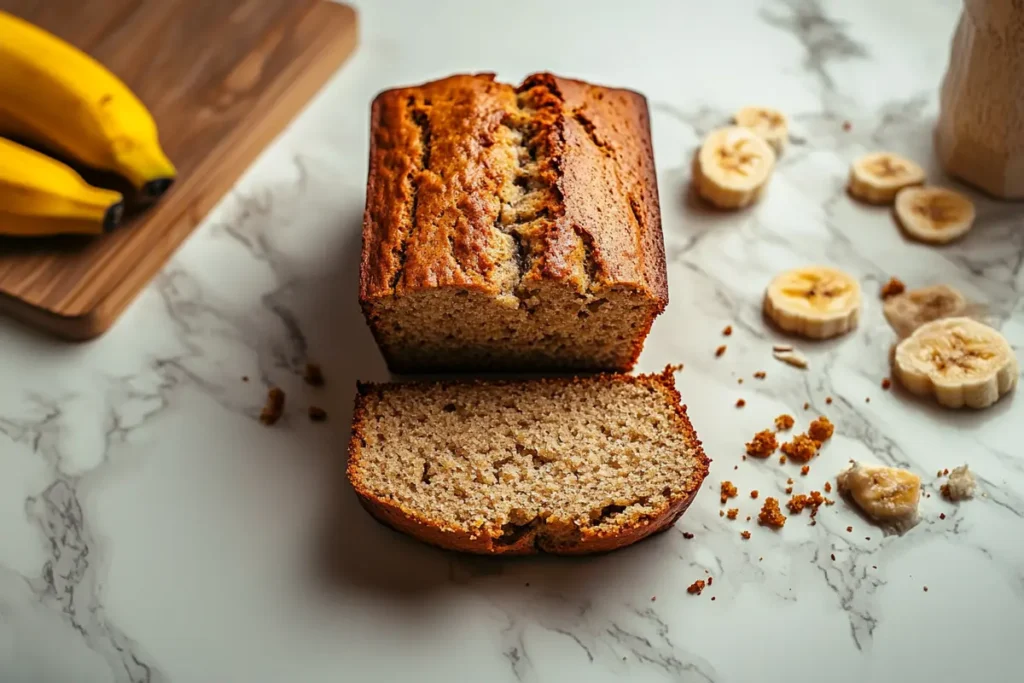 “Loaf photo showing will too much baking soda ruin banana bread? golden exterior and moist crumb