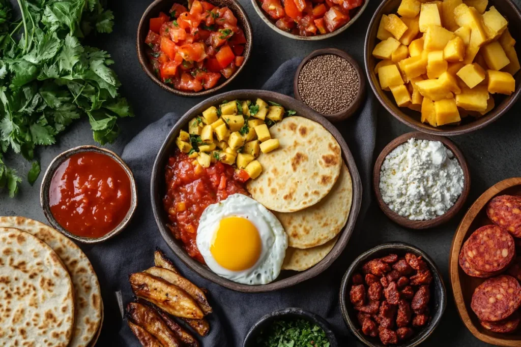 Essential ingredients for a traditional Colombian breakfast: arepas, Huevos Pericos, quesito, chorizo, and coffee"