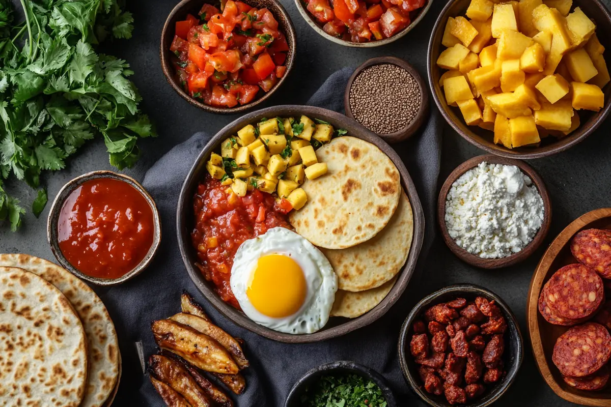 Essential ingredients for a traditional Colombian breakfast: arepas, Huevos Pericos, quesito, chorizo, and coffee"