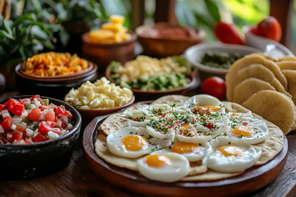 "Colombian breakfast spread with eggs, arepas, and cheese