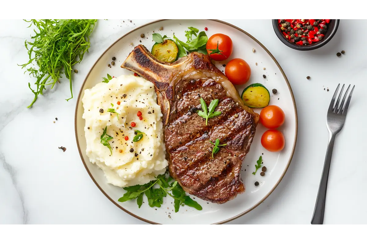 A dinner plate showcasing steak, mashed potatoes, and colorful side dishes