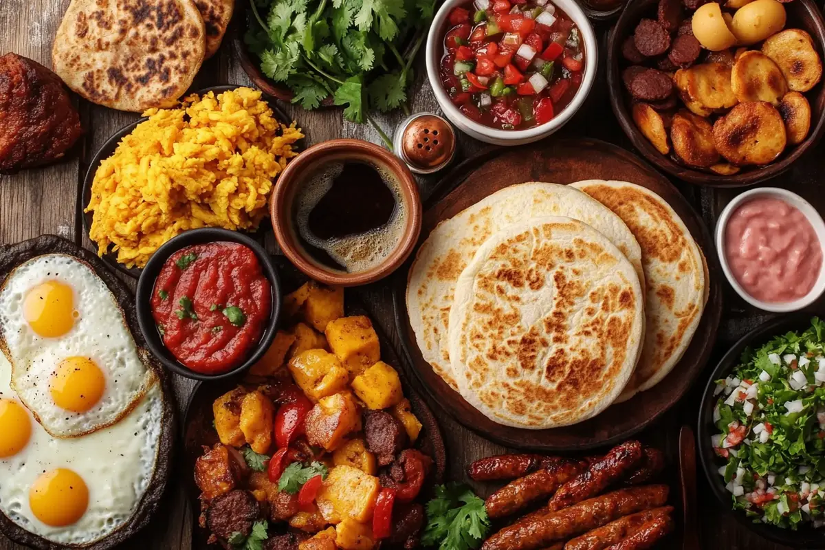 Overhead view of a table filled with various Latin American breakfast dishes.