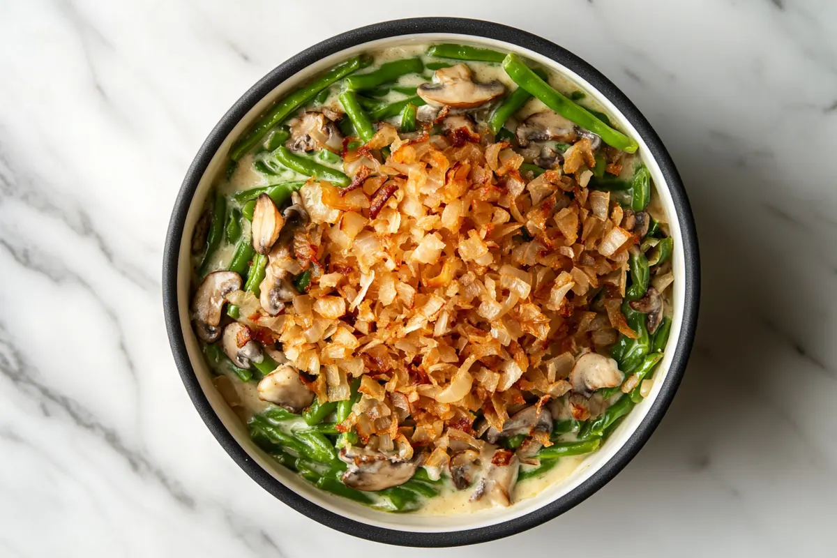 A comforting dish featuring green beans, creamy sauce, and fried onions