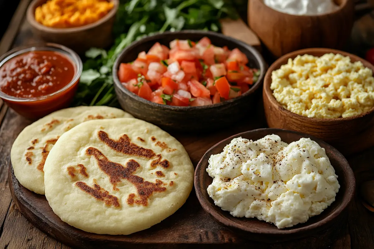 Fresh arepas with queso fresco, a traditional Colombian breakfast, made with masarepa."