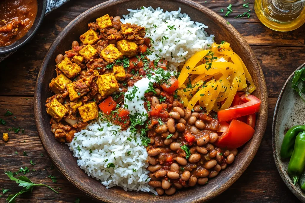 Vegetarian Calentado with tofu scramble, beans, and rice - a delicious Colombian breakfas