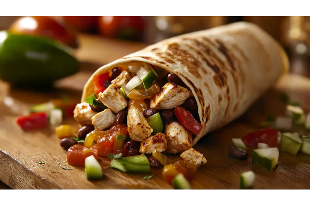 Delicious Chipotle Ranch Chicken Burrito close-up.