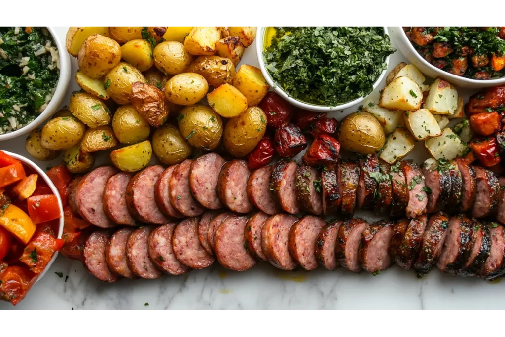 What sides go with sausage and potatoes arranged on a platter