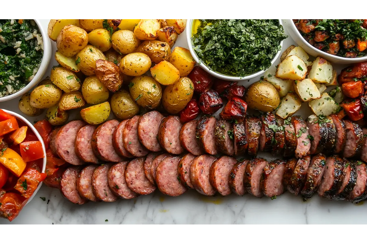 What sides go with sausage and potatoes arranged on a platter