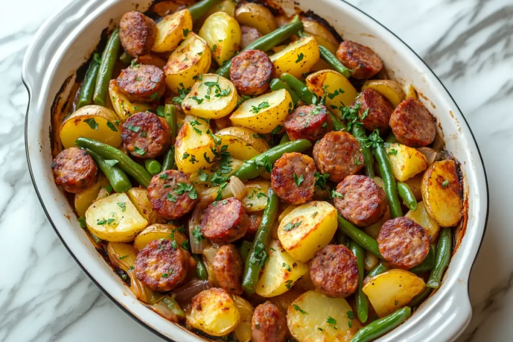 sausage green bean potato casserole in a baking dish