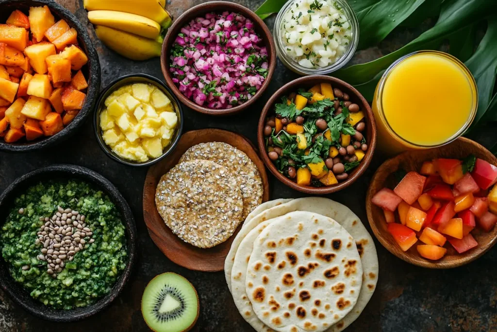 Variety of plant-based Colombian breakfast foods highlighting nutritional benefits"