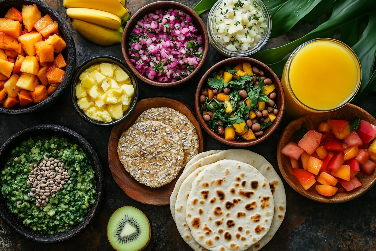 Variety of plant-based Colombian breakfast foods highlighting nutritional benefits"