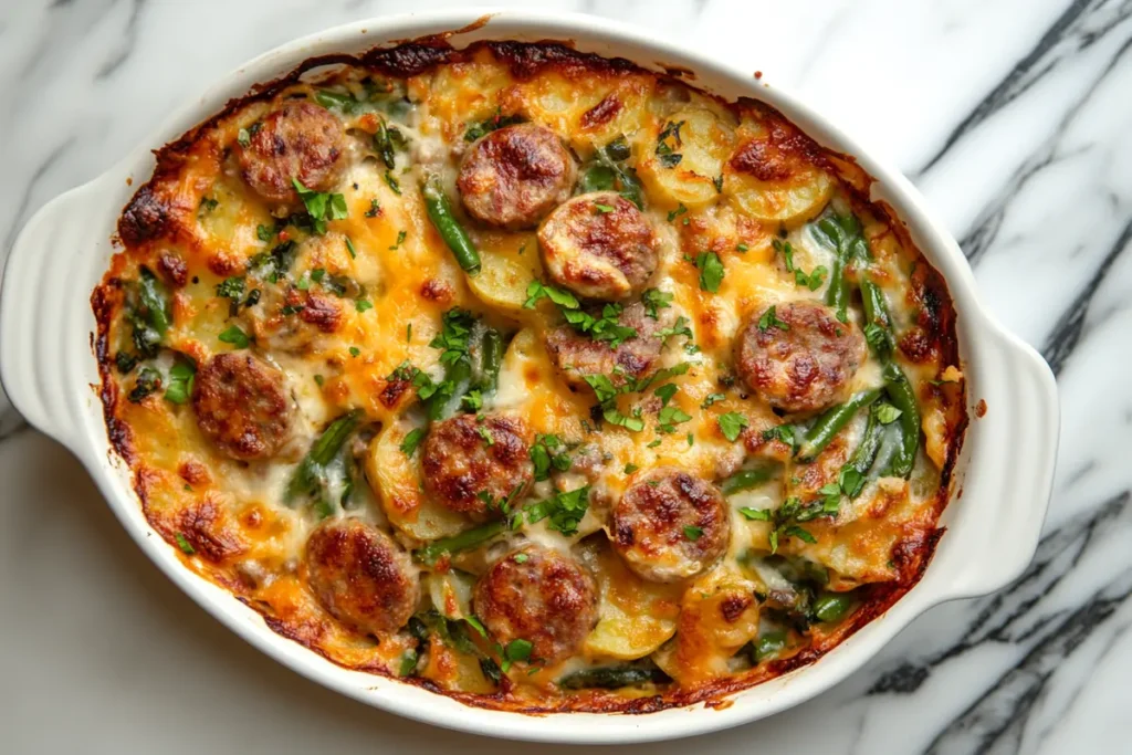 Sausage green bean potato casserole topped with melted cheese in a white baking dish