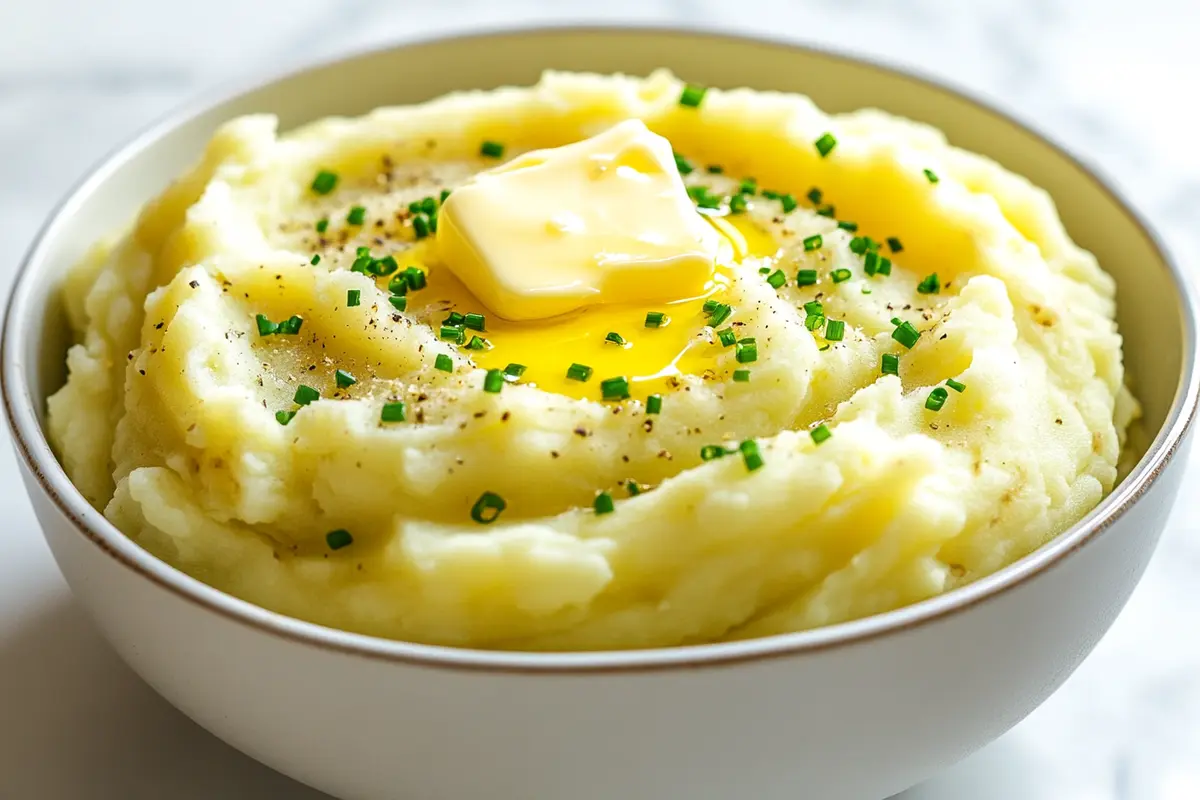 Dense mashed potatoes served in a bowl with herb