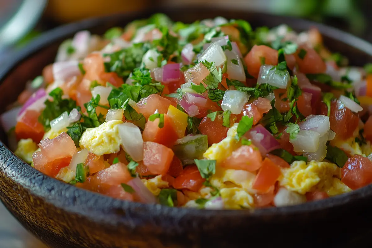 A wooden bowl is filled with diced tomatoes, onions, scrambled eggs, and chopped cilantro.