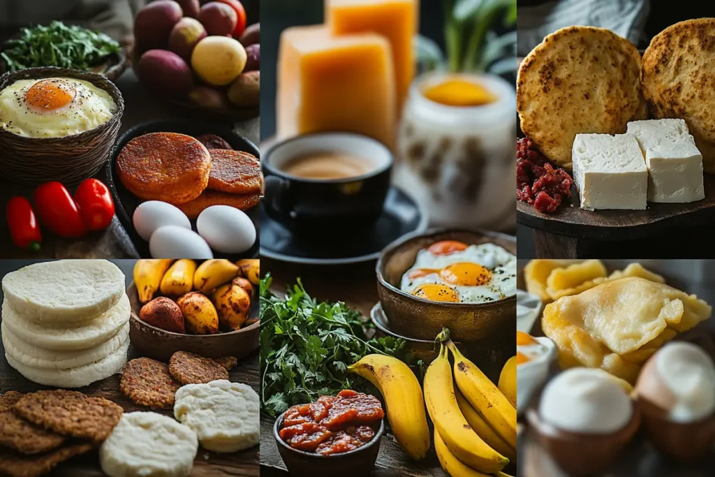 "Essential ingredients for Colombian breakfast recipes: arepas, eggs, chorizo, cheese, plantains, coffee