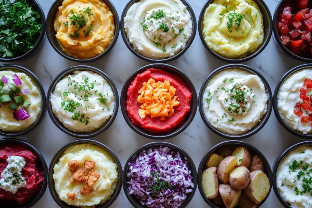 Delicious mashed potato bar setup with various toppings in bowls