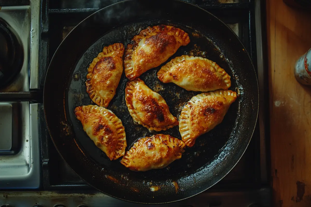 Seven golden-brown empanadas are frying in a black skillet on a stovetop.