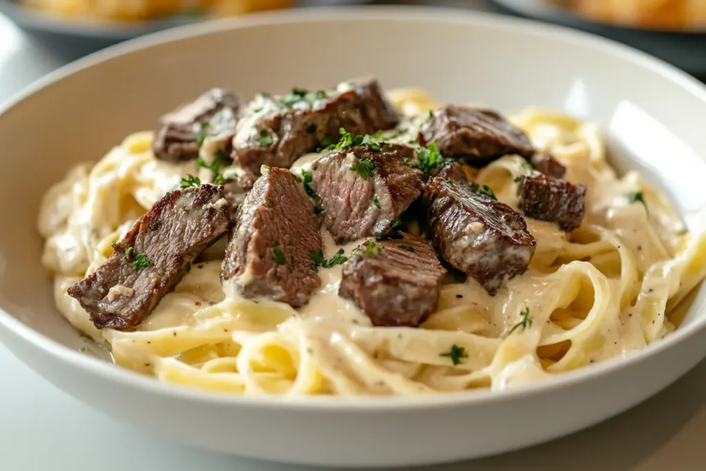 Perfectly plated make-ahead Beef Alfredo