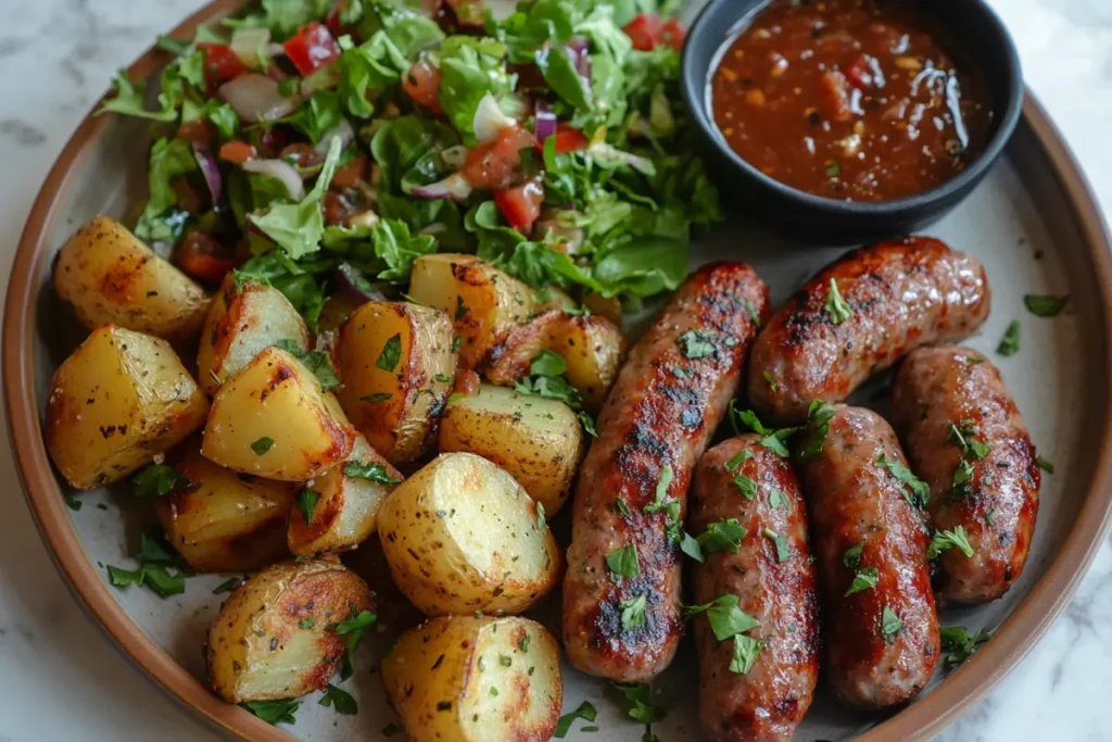 : What sides go with sausage and potatoes served on a rustic table