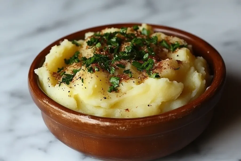 Dense mashed potatoes served in a bowl with herbs