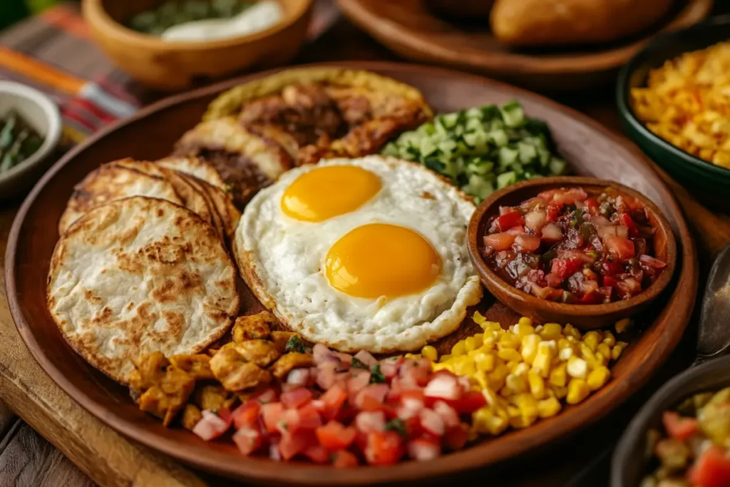 A rustic table setting with traditional Colombian breakfast ingredients, like arepas, eggs, coffee, and fresh fruits, emphasizing the cultural roots of the mea