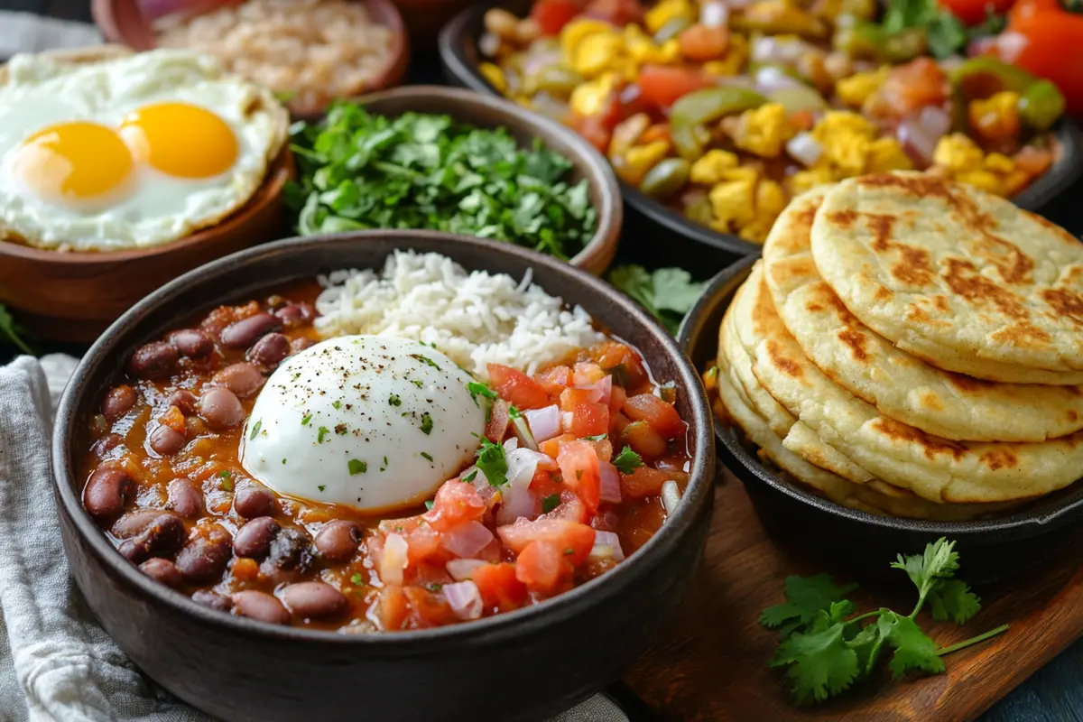 "Traditional Colombian breakfast dishes: calentado, arepas, and huevos pericos."