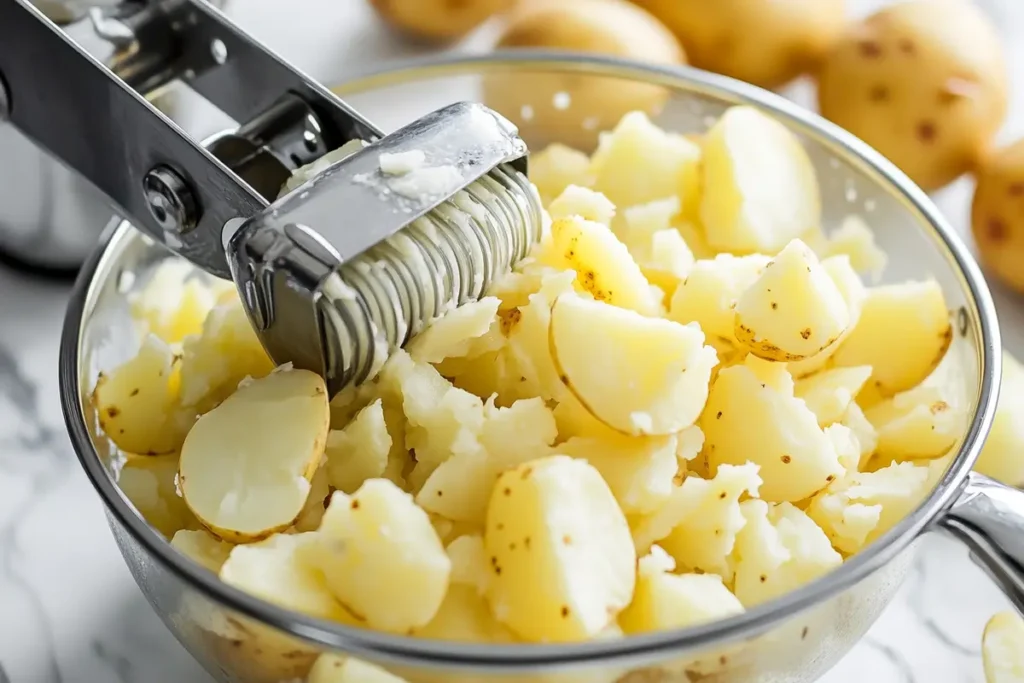 Adding warm cream to mashed potatoes for a creamy texture