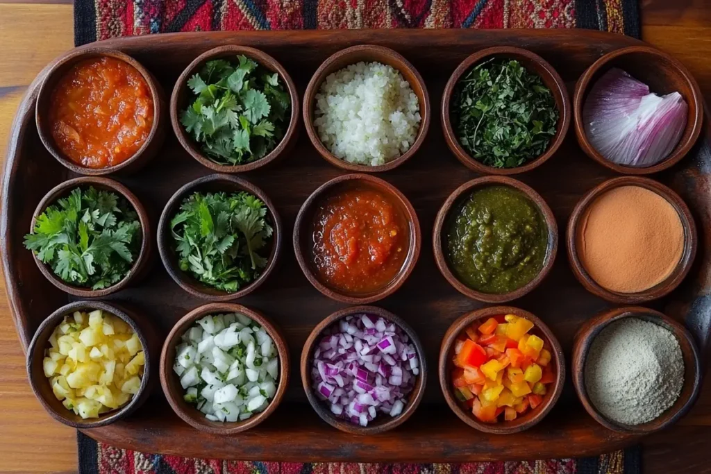 Essential Colombian breakfast condiments and seasonings: aji, hogao, achiote, cumin, cilantro