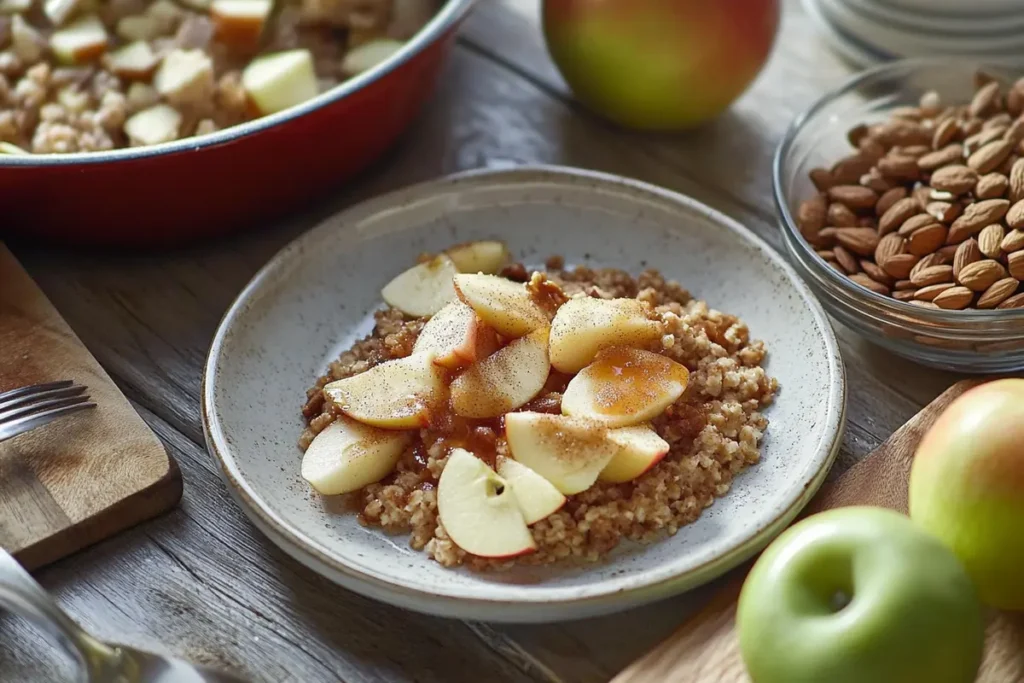 A breakfast spread demonstrating what to pair with an apple for breakfast?