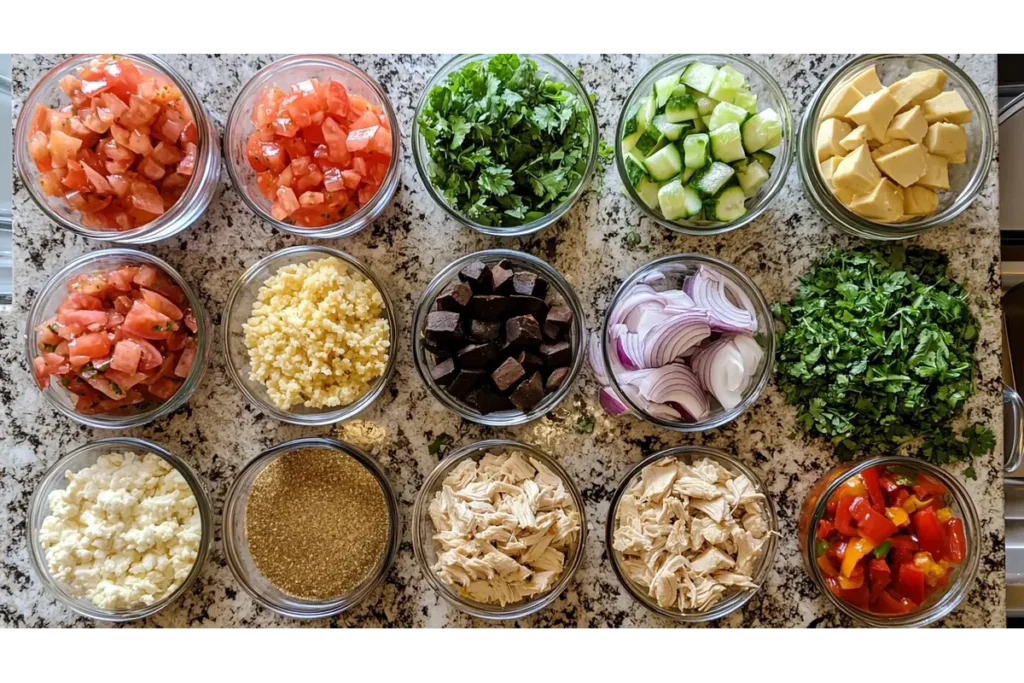 Ingredients prepped for making a Chipotle Ranch Chicken Burrito.