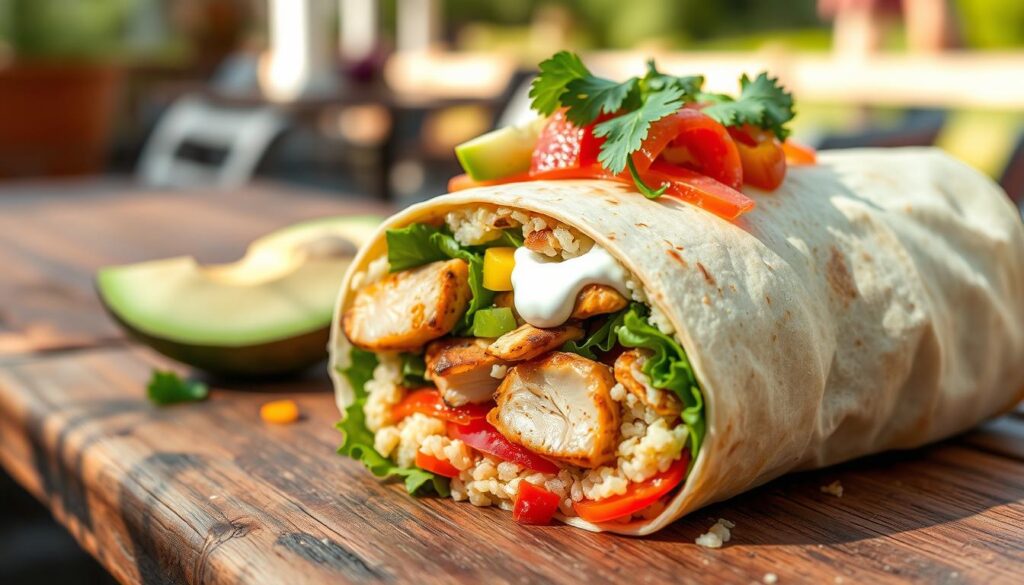 Raw ingredients for chipotle ranch grilled chicken burrito on a white background